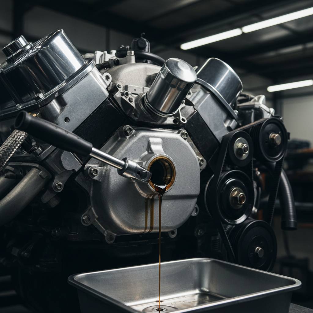 Engine oil change in progress — oil being drained from vehicle during service