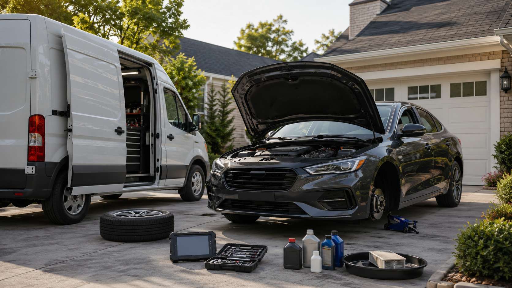 Auto repair services performed at home — oil change, brake service and diagnostics at your driveway