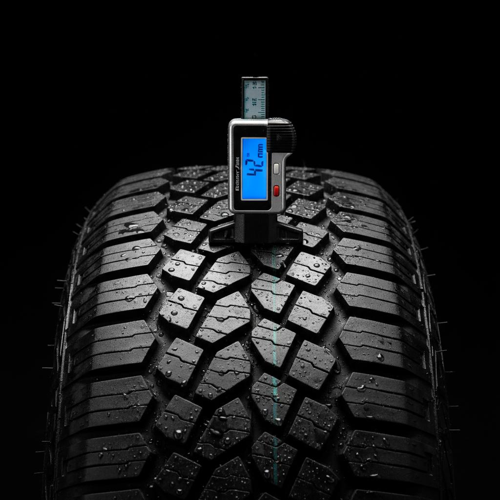 Digital tyre tread depth gauge measuring tyre — tyre inspection during auto service