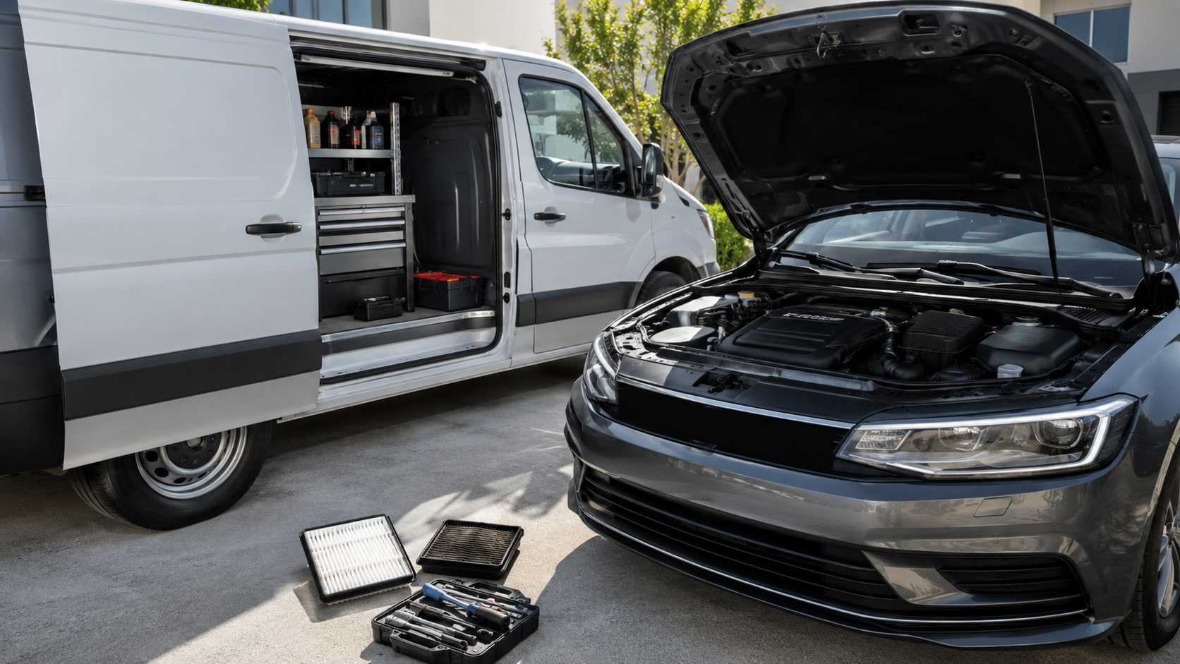 Air filter replacement at customer location — new engine air filter next to car engine bay during auto service