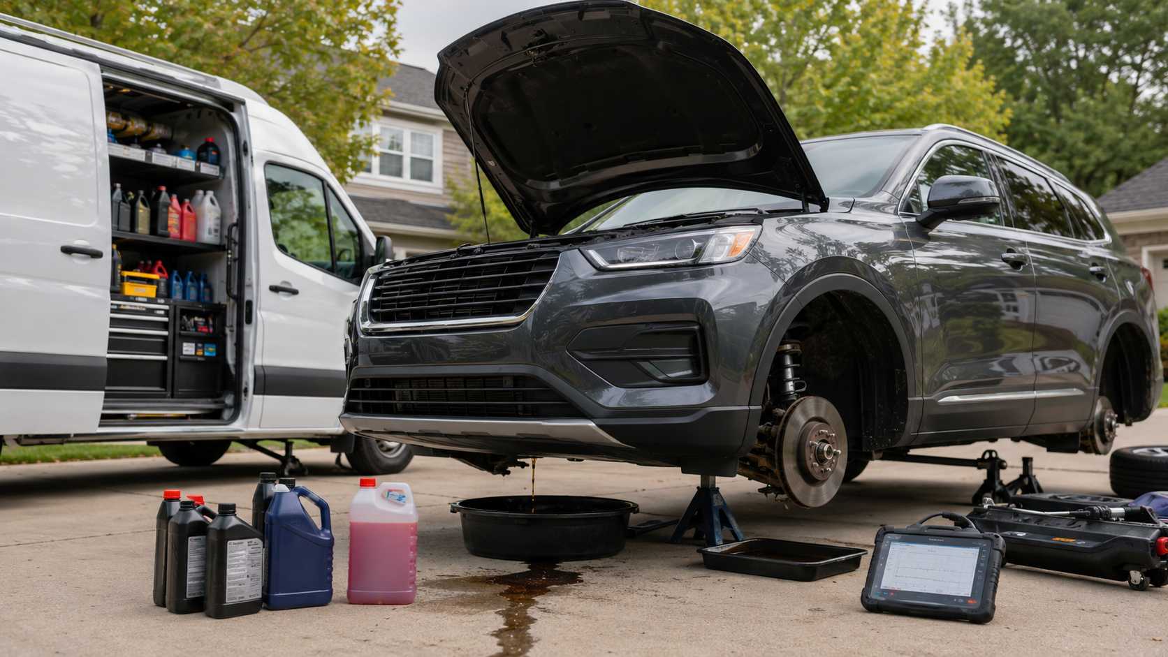 Car repair service — technician performing auto maintenance at customer location