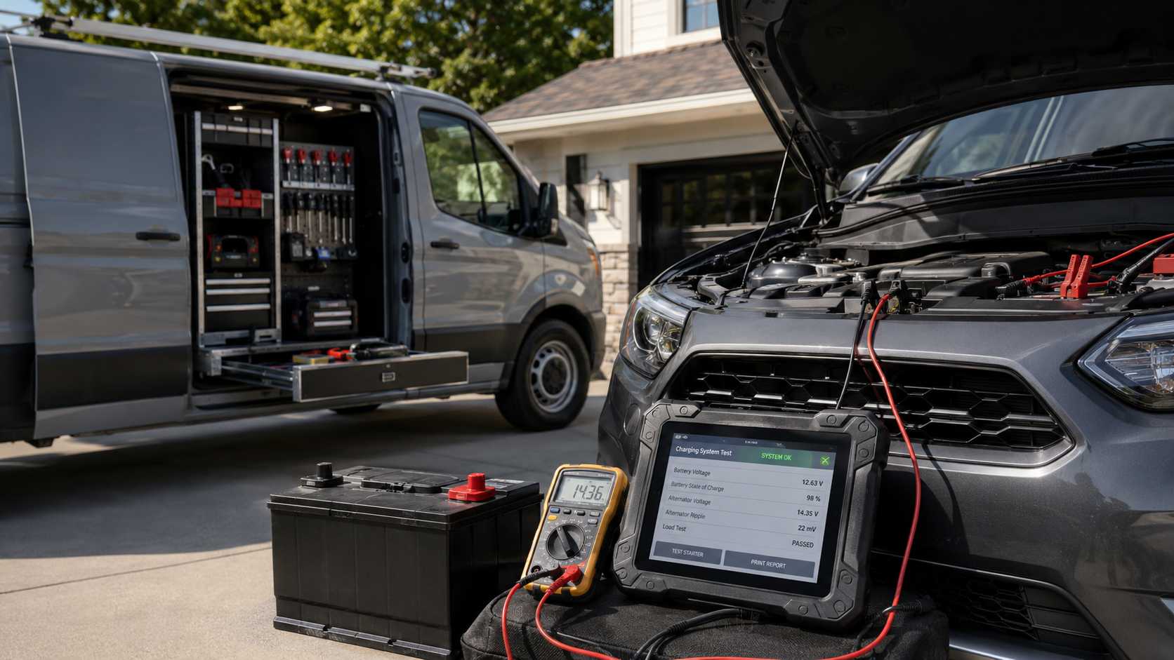 Auto repair and maintenance — vehicle service being performed at residential driveway