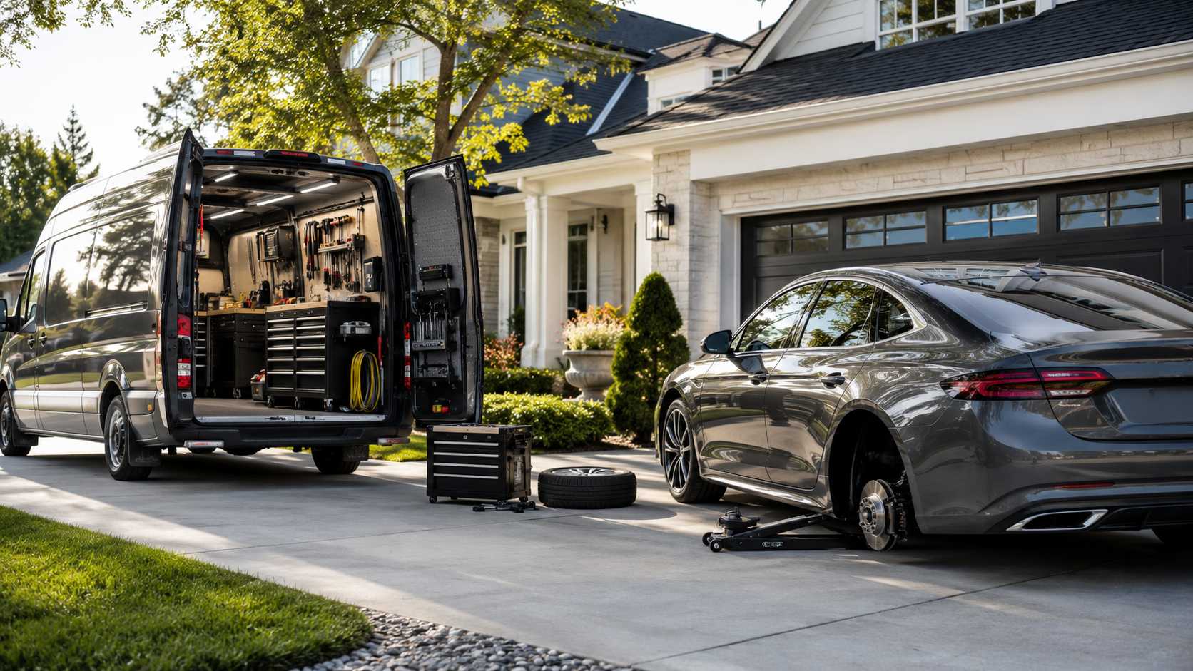 Car maintenance service — technician inspecting vehicle at customer driveway