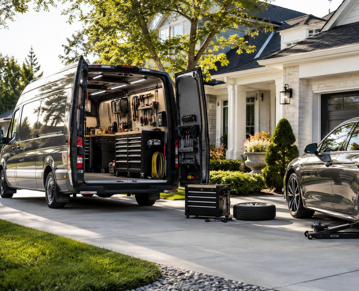 Auto repair service — technician working on vehicle at customer location in Northern Virginia