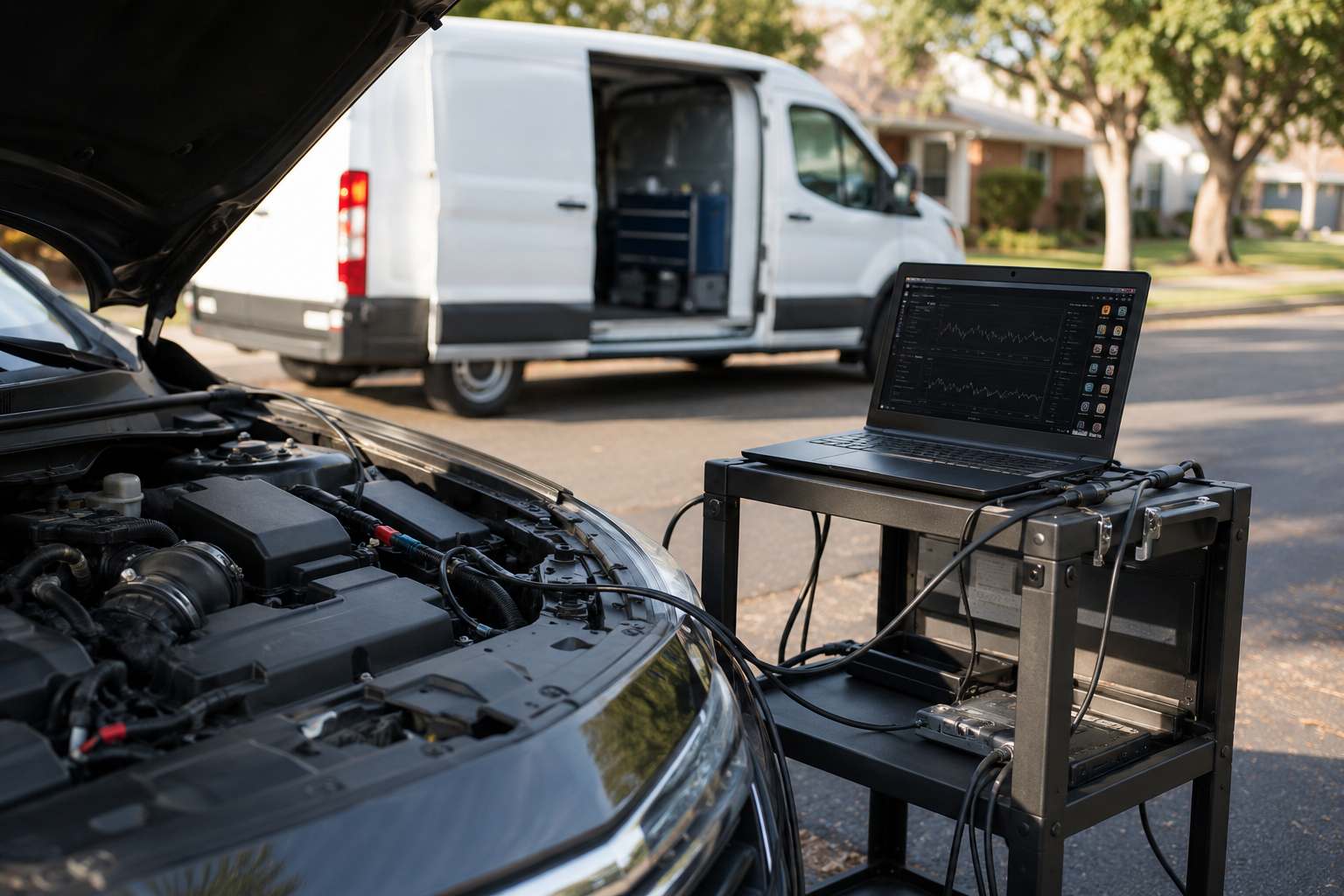 Engine diagnostics and inspection — laptop connected to vehicle ECU at customer location