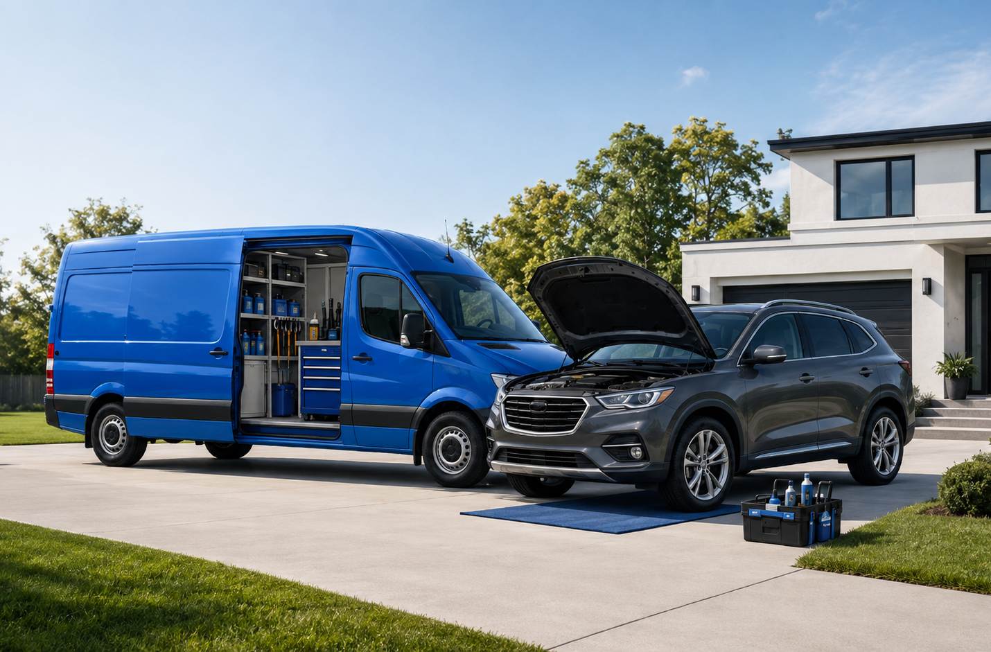 General car maintenance — blue service van with open toolbox parked next to grey SUV on residential driveway