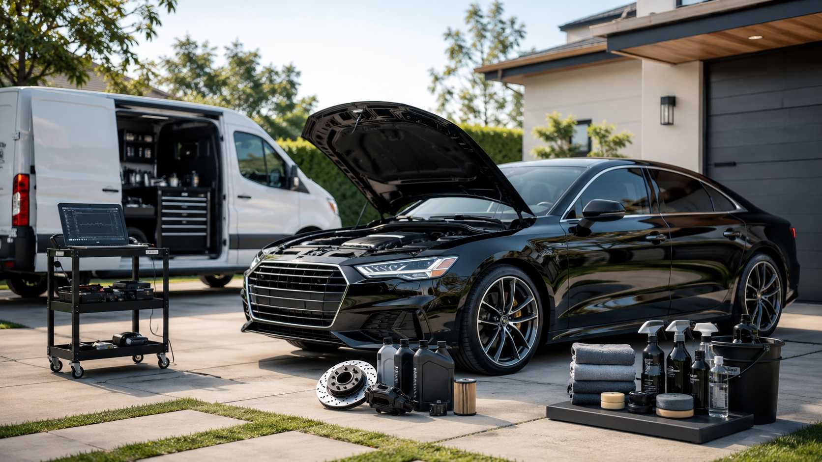 Auto repair and maintenance services — technician working on vehicle engine at customer location
