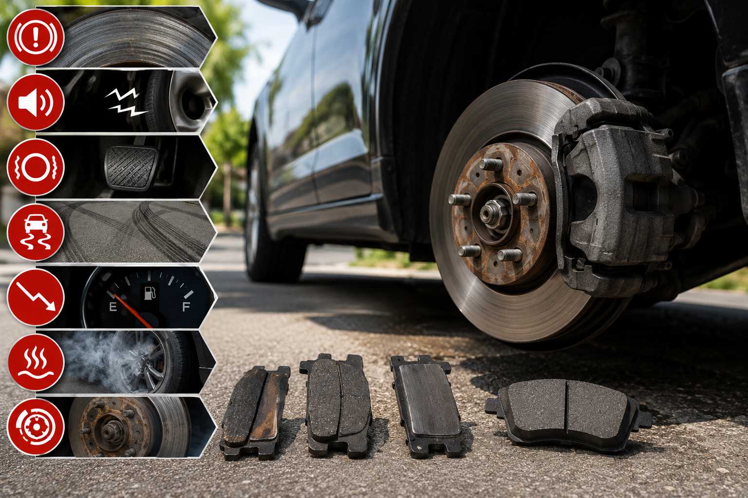 Signs you need new brakes — worn brake pads and scored rotor with 7 warning signs infographic overlay