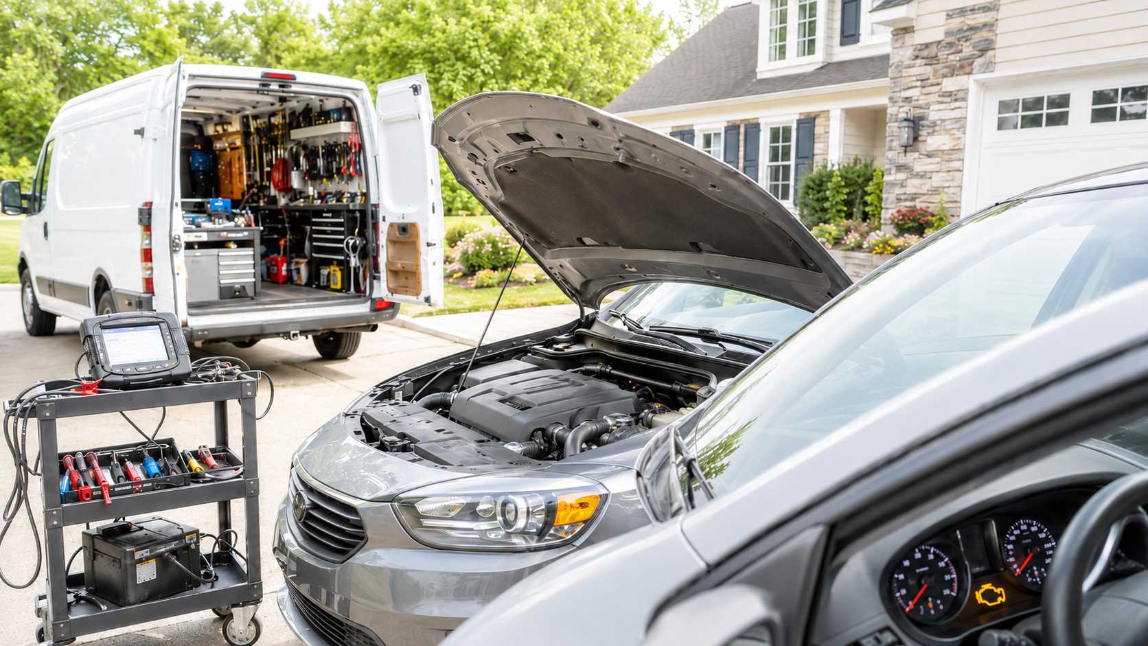 Engine diagnostic service in Northern Virginia — car hood open with diagnostic scanner and service van on driveway